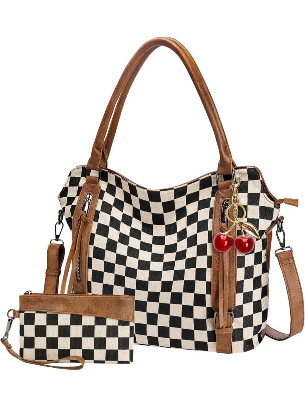 Stylish Brown Checkered Crossbody Bag with Wallet & Cherry Charm - Large